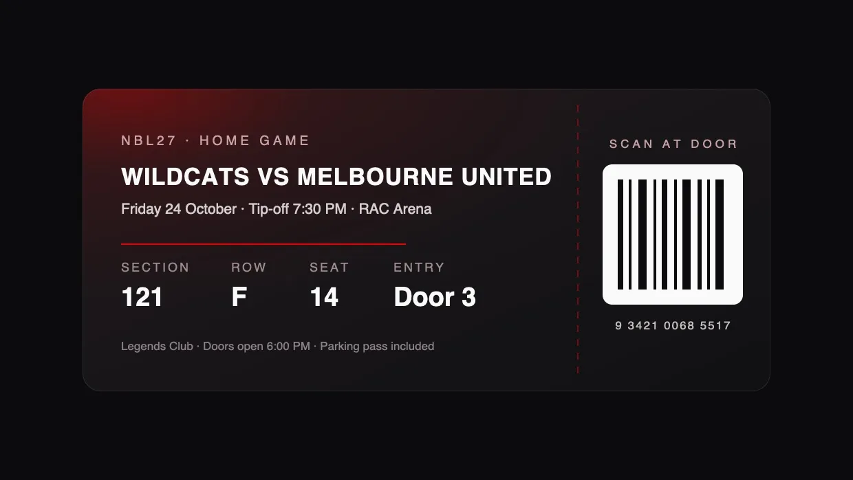 A Wildnation ticket showing section 121, row F, seat 14 and entry Door 3